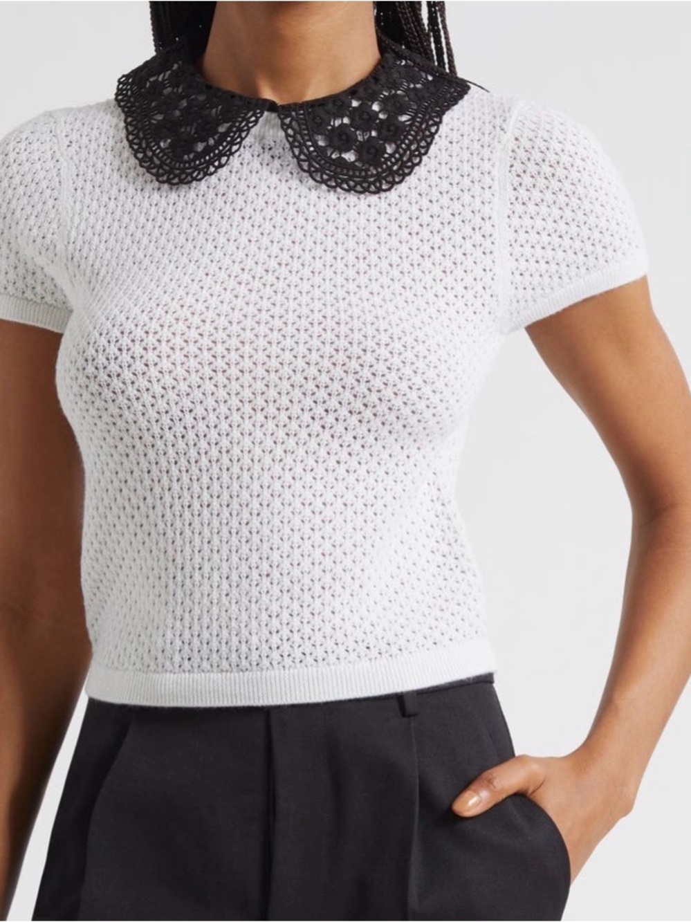 Alice + Olivia White Knit Short-Sleeve Top with Black Lace Collar